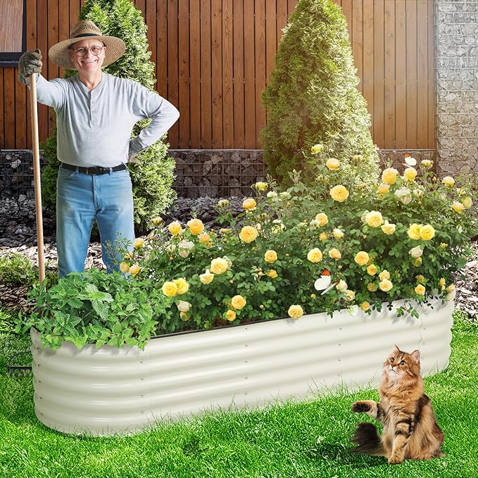 Aoodor 17 Tall Oval Galvanized Raised Garden Bed Kit 6-in-1 Large Metal Outdoor Planter Box for Vegetables Flowers and Herbs 7.5 x 2.3 x 1.5 Ft Beige