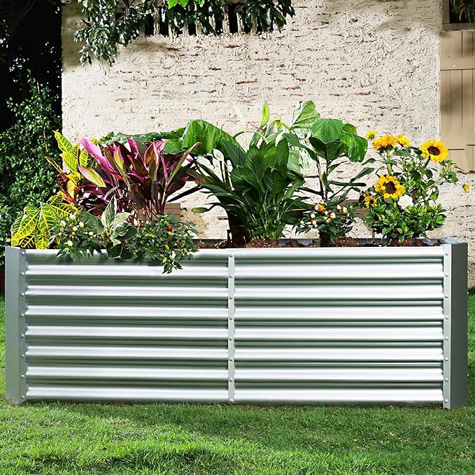 Land Guard 6×3×2 ft Galvanized Metal Raised Garden Bed 2FT Deep Root Elevated Planter Box Steel Large Vegetable Flower Bed Kit（Silver）
