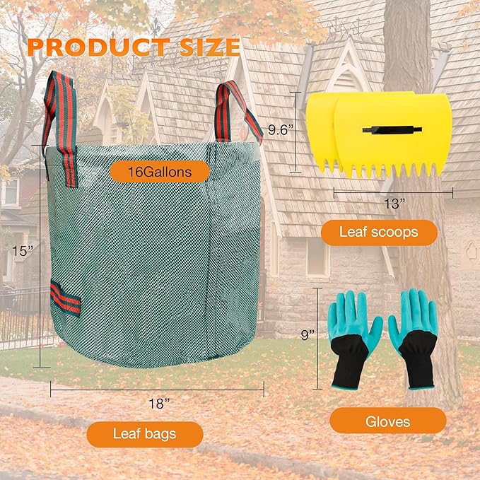 Sickle Garden Tool Set Long Handle Weeding Sickle with Serrated Double-Edged Blade Grass Sickle Stand Up Weeding Tool with 2 Pack Leaf Scoops 16 Gallon Lawn Bag with Gardening Gloves for Yard