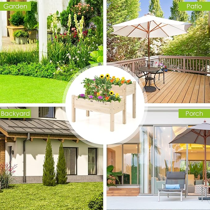 Giantex Set of 2 Raised Garden Bed Elevated Wood Planter Box Raised Bed Kit for Flowers Vegetables Fruits Herbs Outdoor Planting Container Patio Balcony Yard (Natural)