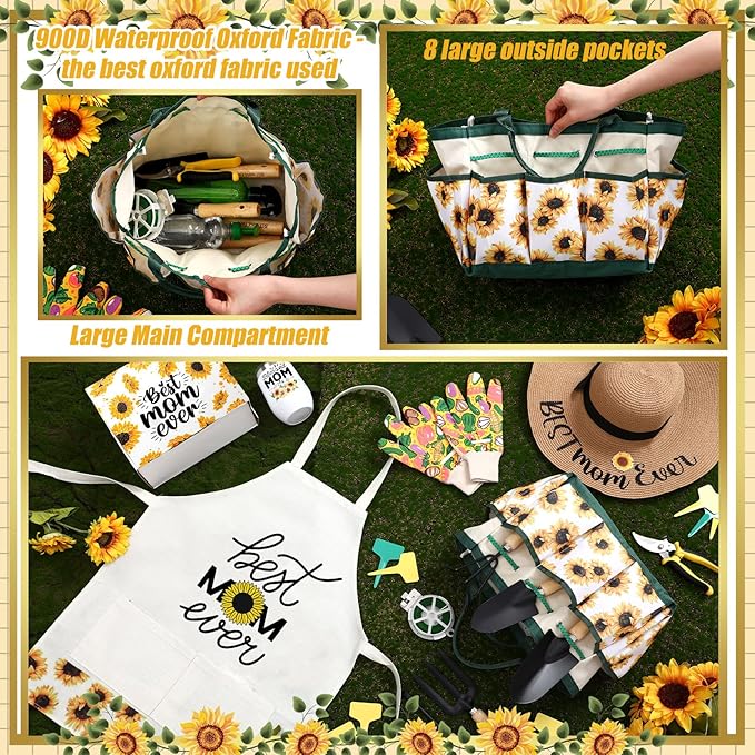 Lasnten 16 Pcs Mothers Day Garden Gift for Mom Women Gardening Supplies Birthday Garden Tools Set from Daughters Gloves Apron Insulation Cup Fork Trowel Tote Bags for Plant Lover Present