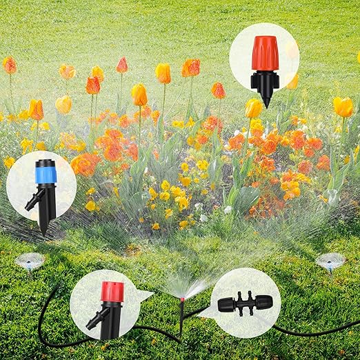Yaomiao 394 ft Drip Irrigation System Kit 1/2 Inch Hose 1/4 Inch Distribution Tubing Drip Emitters Adjustable Misting Nozzle Barbed Fittings Patio Misting Plant Watering System for Garden Yard Lawn