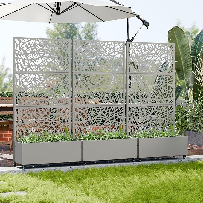 Casaphoria Metal Raised Garden Bed with Trellis and Wheels 72x35x16 Planter Box for Climbing Plants Vegetables &amp Vines Features Drainage Holes and Privacy Screen Grey-Net
