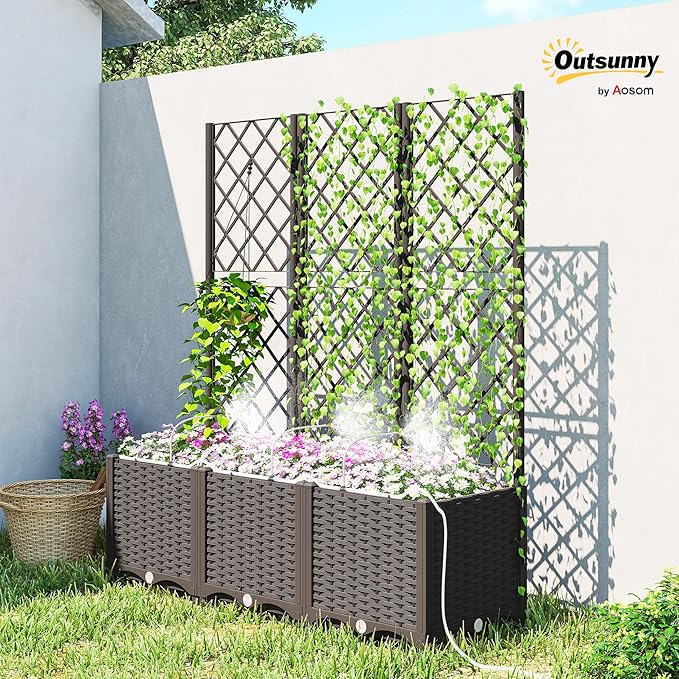 Outsunny 3PCS Plastic Planter Box with Trellis Self-Watering Raised Garden Bed with Trellis and Automatic Watering Timer Kit Outdoor Raised Planter with Drainage Holes Plugs and Water Reservoir