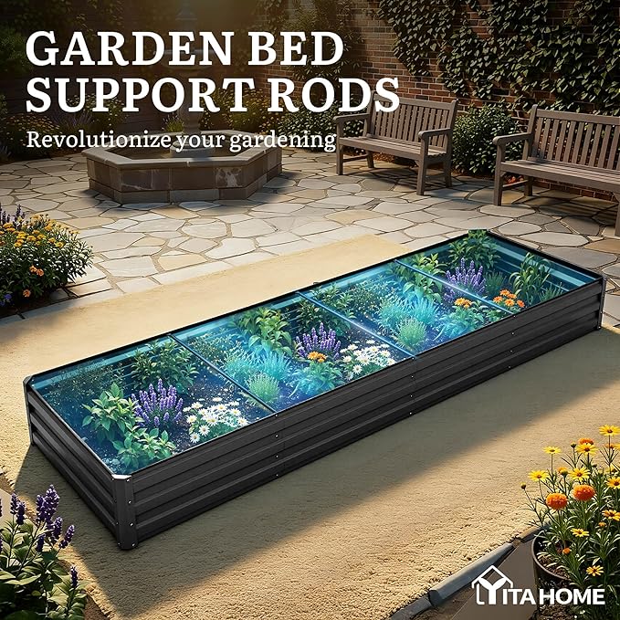 YITAHOME 6pcs 12x4x1 ft Galvanized Raised Garden Bed Kit Large Metal Planter Box with Gloves Safety Rubber &amp Support Rod Outdoor Flower Bed for Plants Vegetables Black