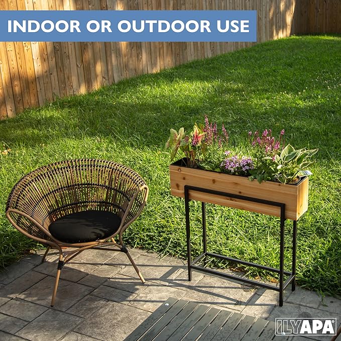 Ilyapa Raised Standing Planter with Legs Metal and Wood Elevated Planter Box 33x35.5x7 Indoor Outdoor Perfect for Living Room Front Porch