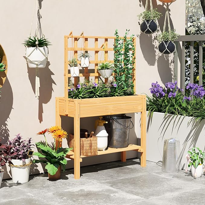 Outsunny Wooden Raised Garden Bed with Trellis Elevated Planter Box with Storage Shelf Outdoor Flower Box for Vegetables Flowers Herbs