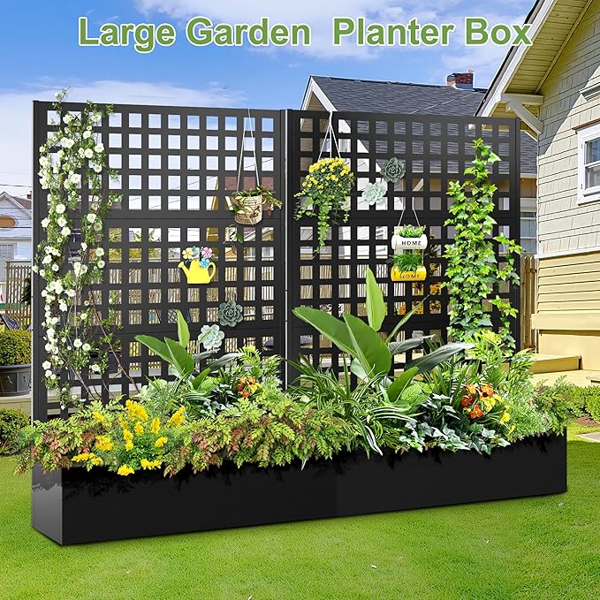 Metal Raised Garden Bed Trellis Planters Bed with Drainage Holes for Climbing Plants Vegetables Outdoor Privacy Screen with Planter Box 73x47x16 Black