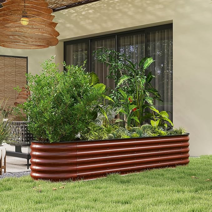 8' x 2' x 1.4' Galvanized Raised Garden Bed Kit Outdoor Metal Elevated Planter Box with Safety Edging Easy DIY Stock Tank for Growing Flowers Herbs Vegetables Brown