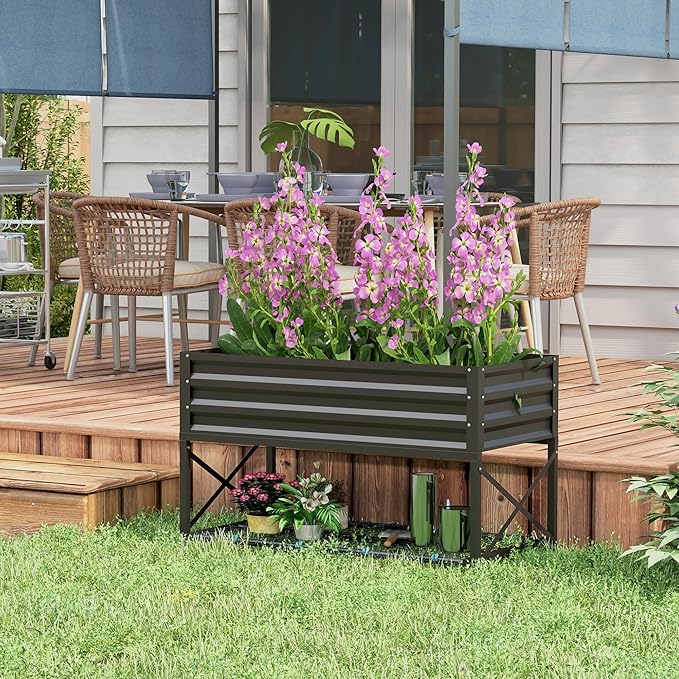Outsunny Raised Garden Bed with Galvanized Steel Frame Storage Shelf and Bed Liner Elevated Planter Box with Legs for Vegetables Flowers Herbs Black
