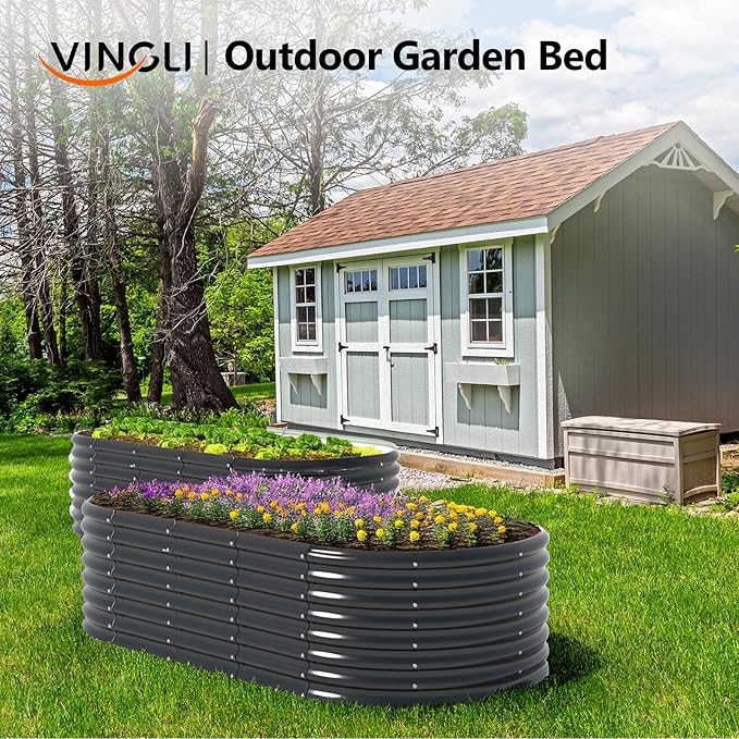 VINGLI 8x4x2ft Raised Garden Bed Oval Planter Boxes Outdoor Galvanized Raised Garden Beds for Gardening Easy Assembly Planter Boxes for Vegetables (Black)