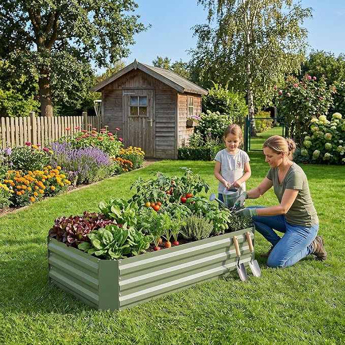 Aoodor 4 x 2 x 1 ft Outdoor Raised Garden Bed Reinforced Galvanized Steel Planter Box for Vegetables FlowersFruits and Herbs