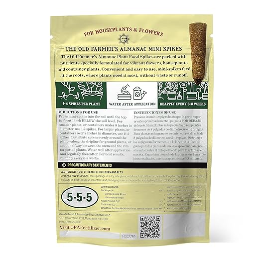 The Old Farmer's Almanac Houseplant &amp Flower Plant Food Mini Spikes - NPK 5-5-5 for Continuous Feeding and Vibrant Colors (72 Mini Spikes)