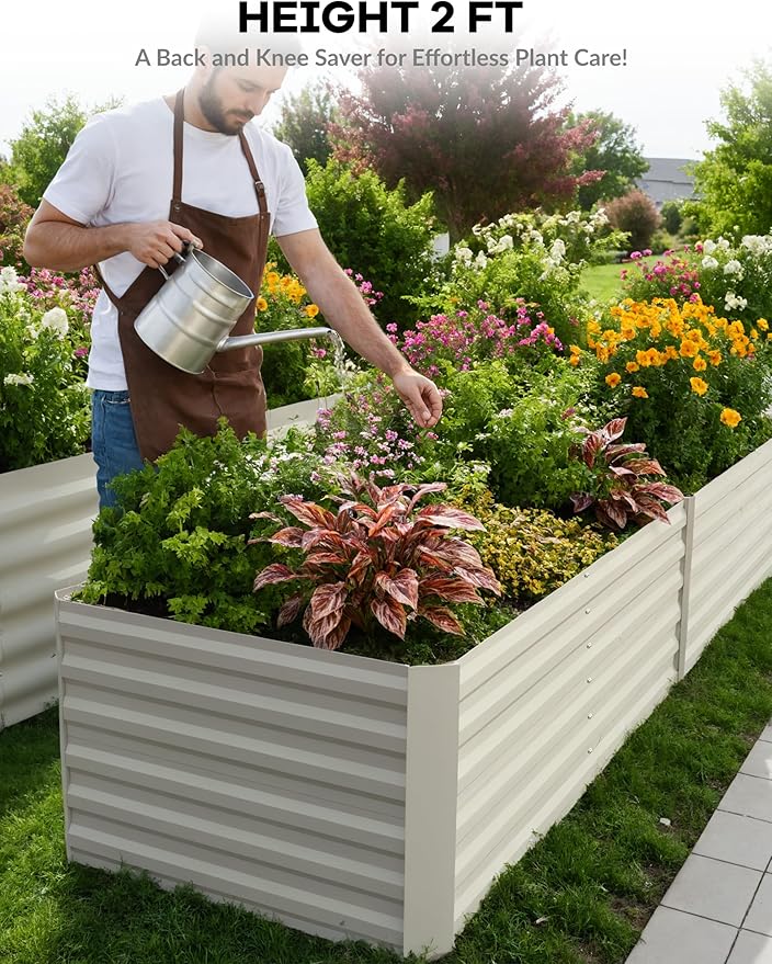 8x4x2ft Galvanized Raised Garden BedDeep Root Planter Box for VegetablesFlowersHerbs-Large Metal Raised Garden Bed Kit OutdoorBeige