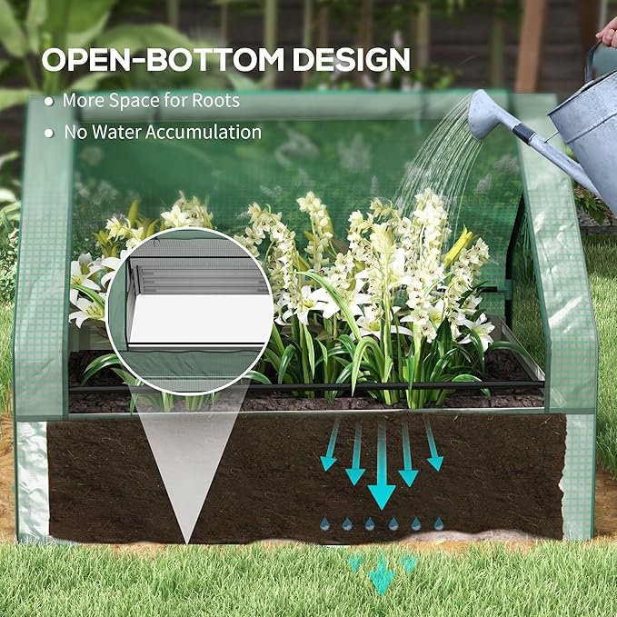 Outsunny 4 x 3 x 1ft Raised Garden Bed with Mini Greenhouse Galvanized Outdoor Planter Box with Cover for Herbs and Vegetables Use for Patio Garden Balcony Green Cover and Silver Planter