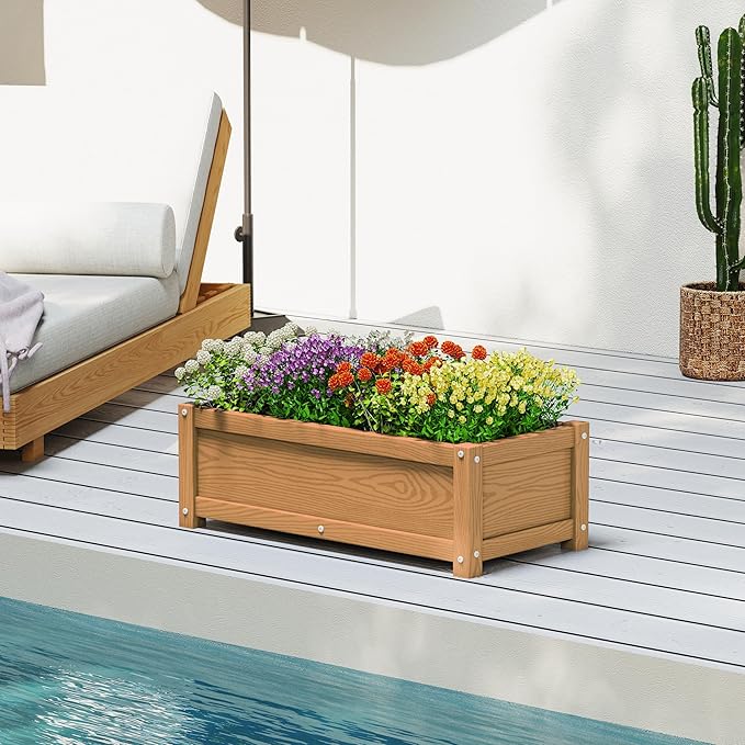 HDPE Planter Box All-Weather Outdoor Garden Bed Easy to Assemble Drainage System Low Maintenance Non-Fading for Flower/Herb/Seed (Teak)