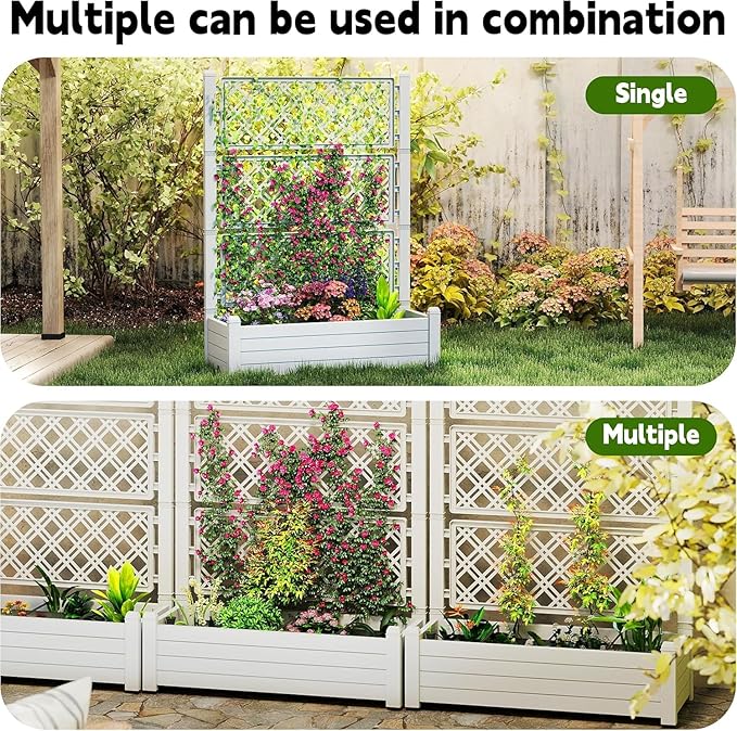EasyUp Raised Garden Bed with Trellis for Climbing Plants Outdoor Planter Box with Drainage Plug &amp Water Gauge Durable Resin for Patio Balcony Yard Dust-Proof (Ashen 43.43 * 18.27 * 59.29)