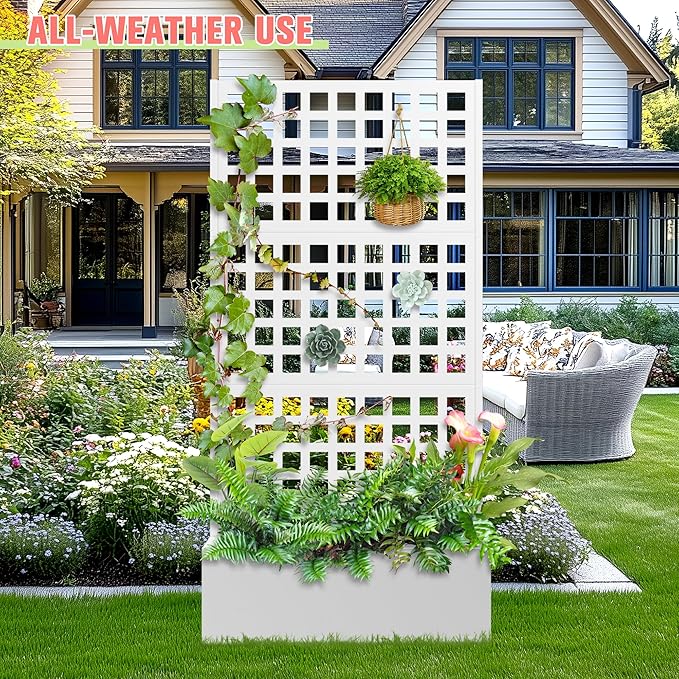 Metal Planter Box with Trellis Raised Garder Bed with Drainage Hole Outdoor Privacy Screen &amp Trellis for Climbing Plants Plant Stands 35''L×16''W×71''H White