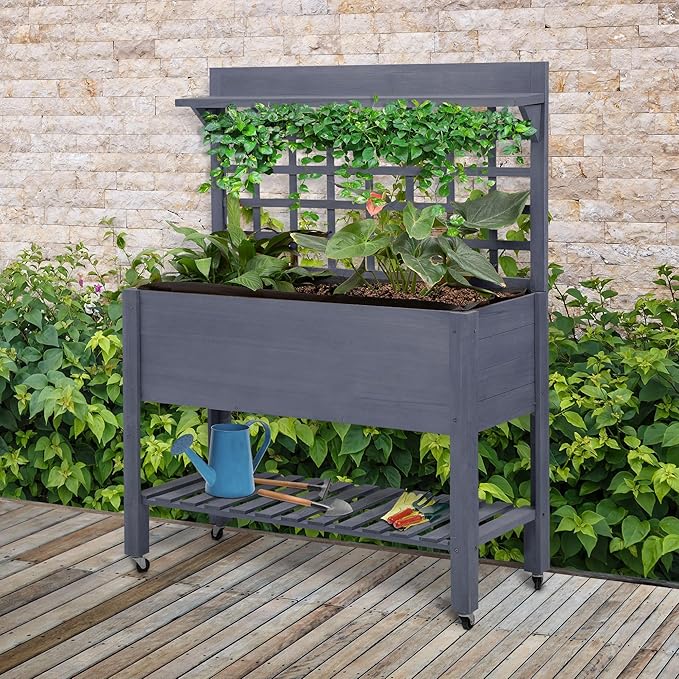 41 Raised Garden Bed with Trellis on Wheels Wooden Elevated Planter Box with Legs and Bed Liner for Flowers Herbs Vegetables Gray