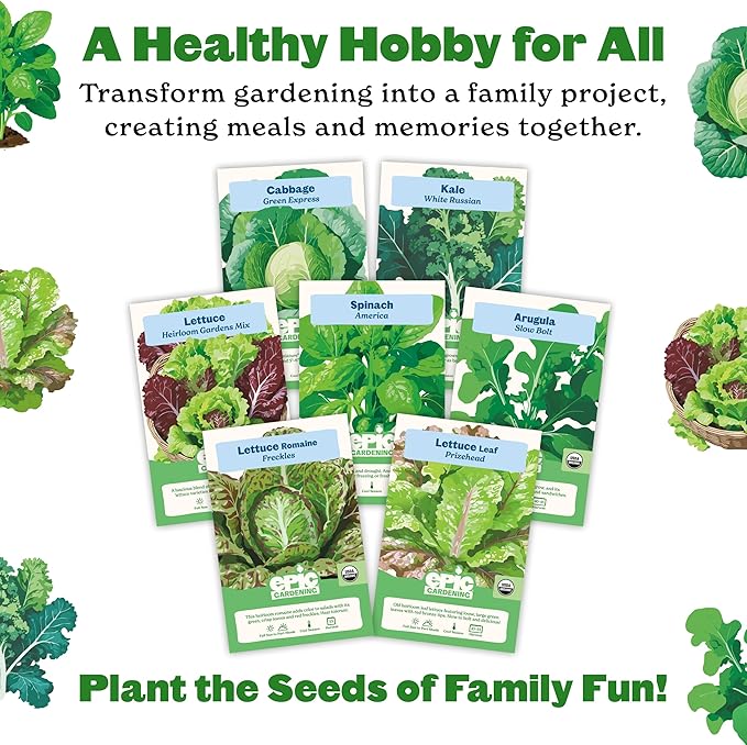 Epic Gardening Eat Your Greens Seed Kit - 7 Heirloom &amp Non-GMO Varieties Includes Kale Spinach Arugula &amp Romaine Lettuce Grow Fresh Greens for Salads Smoothies Healthy Meals Ideal for B