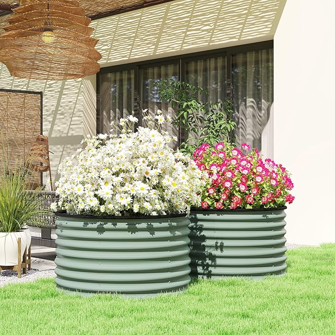 2-Count Durable Premium Quality Heavy-Duty Metal Raised Garden Bed Featuring Safety Edging and Easy Assembly in Light Green Finish