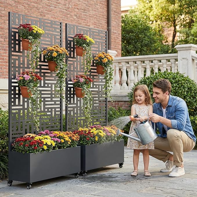 Casaphoria 72x35 Metal Raised Garden Bed with Trellis(2 Pack) Outdoor Planter Box with Wheels &amp Drainage Holes for Climbing Plants Flowers Elevated Garden Kit with Privacy Screen Black-Helen
