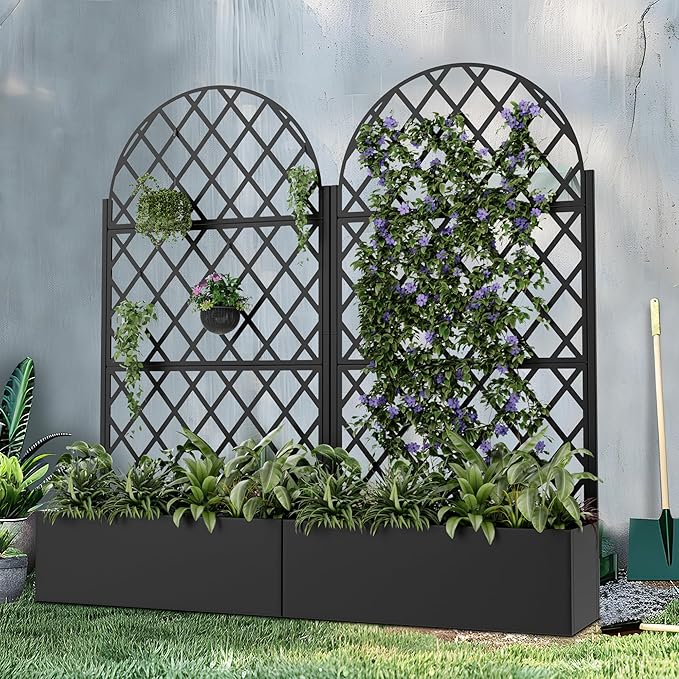 Casaphoria Metal Raised Garden Bed with Trellis and Wheels 72x35x16 Planter Box for Climbing Plants Vegetables &amp Vines Features Drainage Holes and Privacy Screen (Black-Rhombus)
