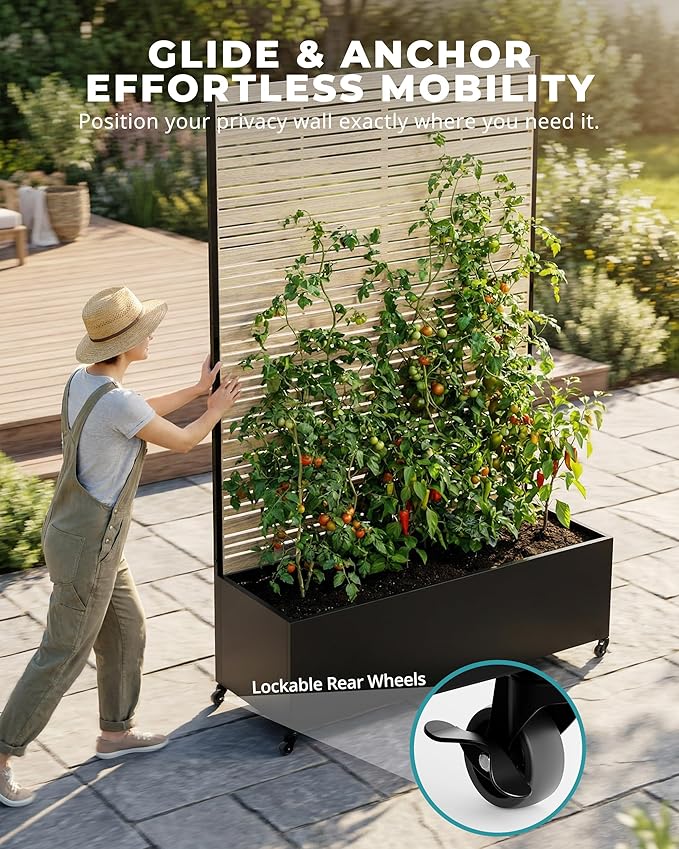 73 Metal Planter Box with Trellis on Wheels - Mobile Outdoor Planter with Drainage Holes &amp Louvered Privacy Screen Rust-Proof Wood Grain for Patio Balcony Backyard Poolside