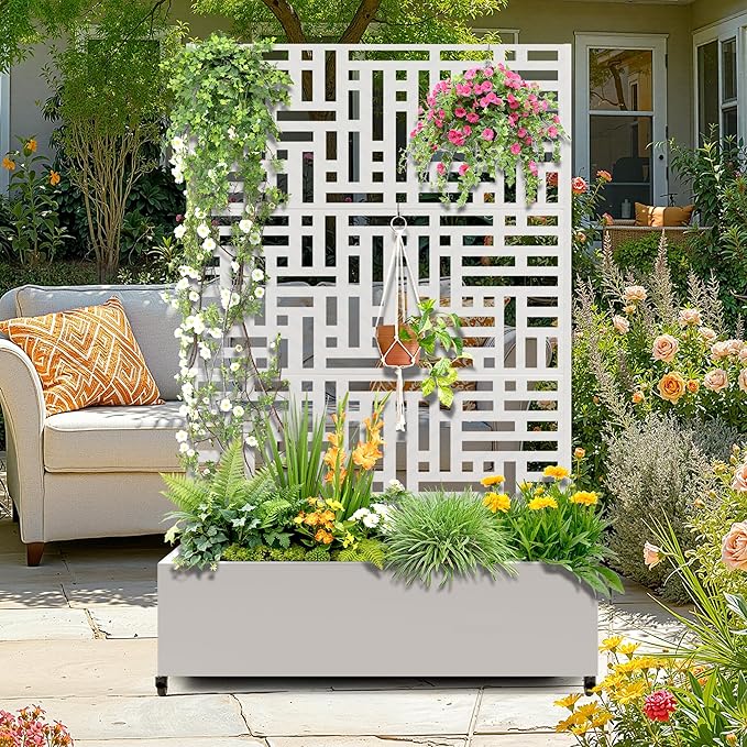Metal Raised Garden Bed with Trellis 2-in-1 Planter Box &amp Privacy Screen for Climbing Plants Outdoor Standing Flower Bed with Drainage Holes 47.2 L x 16.7 W x 70.8 H White-Helen