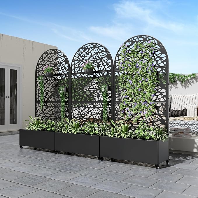 Casaphoria Metal Raised Garden Bed with Trellis and Wheels 72x35x16 Arched Planter Box for Climbing Plants Vegetables &amp Vines Features Drainage Holes and Privacy Screen (Black-Net)