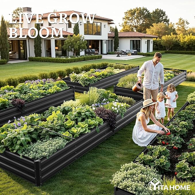 YITAHOME 6pcs 12x4x1 ft Galvanized Raised Garden Bed Kit Large Metal Planter Box with Gloves Safety Rubber &amp Support Rod Outdoor Flower Bed for Plants Vegetables Black