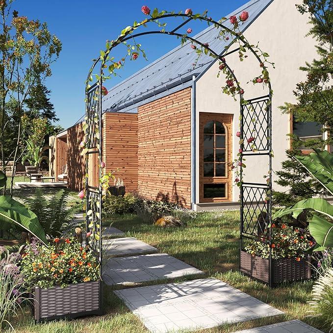 IDEAHOUSE 78 Garden Arbor with 2 Planter Boxes Versatile Climbing Frame Metal Garden Arch Trellis for Climbing Plants Decorative Wedding Arch Frame Weather-Resistant Trellis for Lawn Backyard