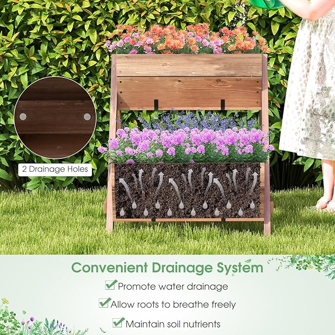 Giantex Vertical Raised Garden Bed 3 Wood Planter Boxes for Flower Vegetable Fruit Herb Freestanding Garden Planter with Drain Holes Elevated Raised Beds for Indoor Outdoor Lawn Patio Yard Brown