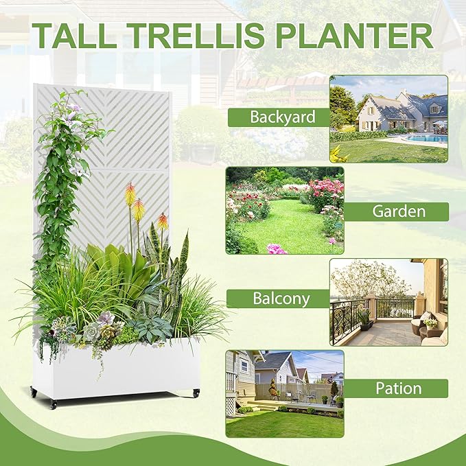Raised Garden Bed with Trellis and Wheels73x35x16 Metal Raised Garden BedWhite Parallel Metal Planter with Climbing Trellis for Vines &amp Vegetables