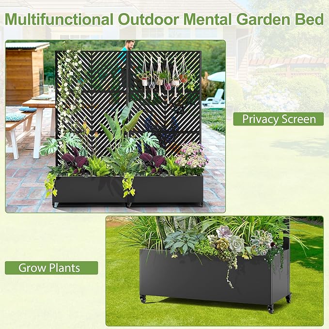 Raised Garden Bed with Trellis and Wheels73x35x16 Metal Raised Garden BedBlack Parallel Metal Planter with Climbing Trellis for Vines &amp Vegetables