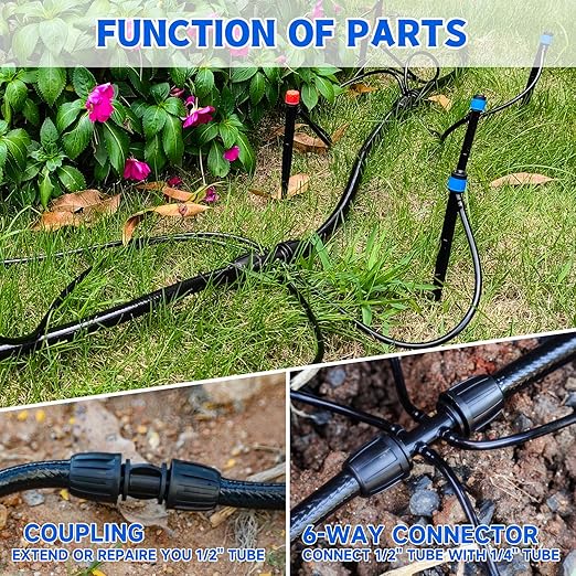 50 FT 1/2 Inch Drip Irrigation Tubing Main Drip Line Hose Tube for Garden Watering Landscape Irrigation System (Includes 2 Pack 6-Way Connector and 1/2 Straight Connector)