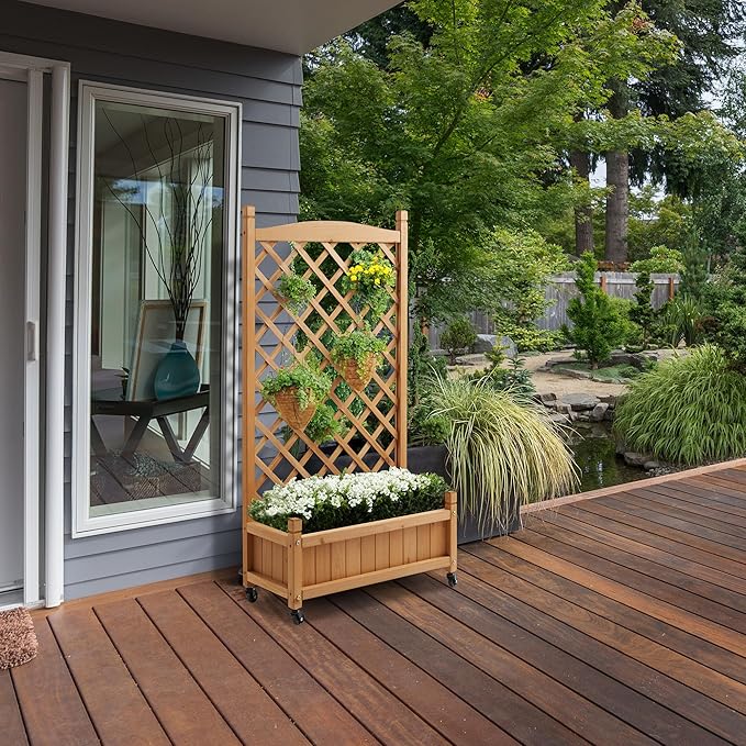 Casafield 48 Raised Garden Bed with Trellis - Wooden Diamond Lattice for Climbing Plants and Planter Box with Drainage Holes and Wheels