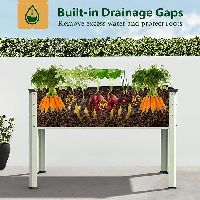 BlueWish 48 W x 24 D x 32 H Raised Garden Bed Garden Bed with Detachable Black Liner Drainage Gaps Galvanized Raised Garden Beds Outdoor 7.5 Cubic Feet Gardening Vegetable Flower Beige