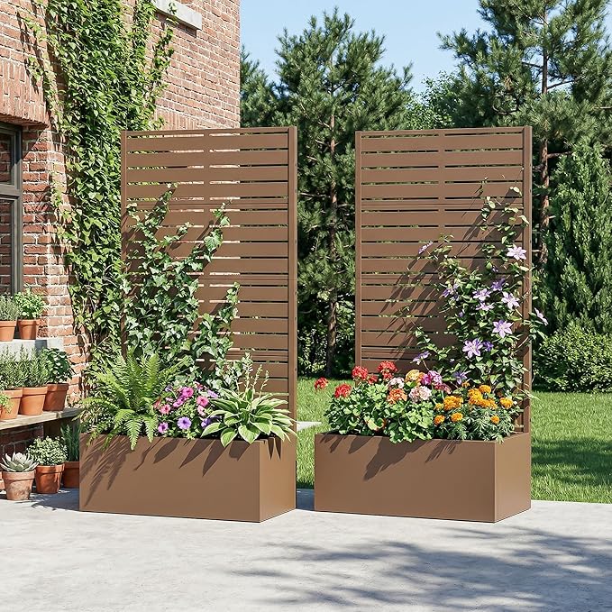 Casaphoria 60x30 Metal Raised Garden Bed with Trellis(2 Pack) Outdoor Planter Box with Wheels &amp Drainage Holes for Climbing Plants Flowers Elevated Garden Kit with Privacy Screen Brown-Louve