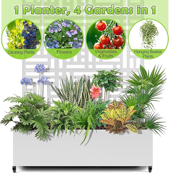 15.7×70.9×47.2 Metal Raised Garden Bed with Trellis and Wheels - Tall Trellis Planter Box for Climbing Plants Vegetables &amp Vines - Outdoor Privacy Planters for Patio (White-Helen)