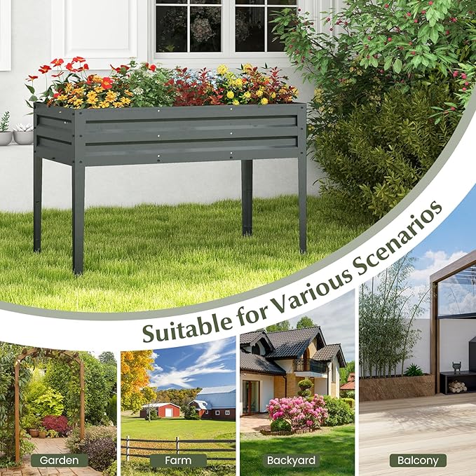 HAPPYGRILL Raised Garden Bed Galvanized Garden Box with Legs Drainage Holes 2 Gloves Outdoor Planter Box for Garden Backyard &amp Patio 46”x 24” x 32” Grey