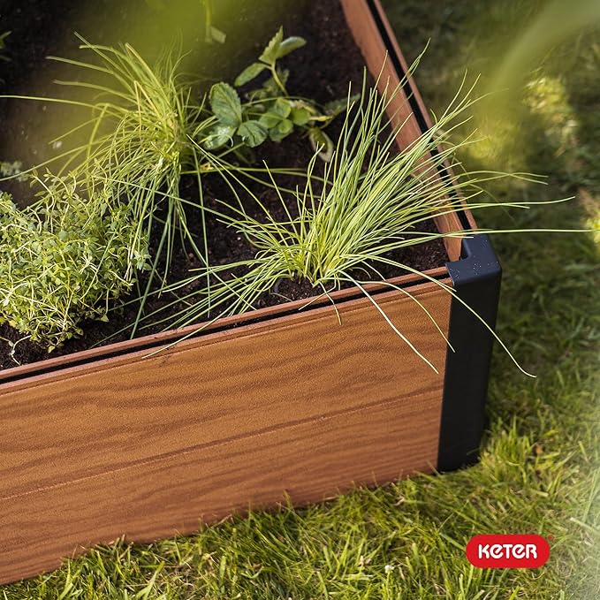 Keter 48 X 48 inches Wood Look Raised Garden Bed Durable Outdoor Herb Garden Planter for Vegetables Flowers and Succulents Brown