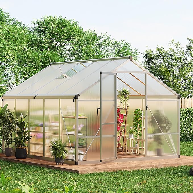 8X10 FT Outdoor Polycarbonate Greenhouse Sturdy Aluminum Frame Adjustable Roof Vent Ideal for Backyard Patio or Garden All-Weather Green House for Growing Plants and Vegetables