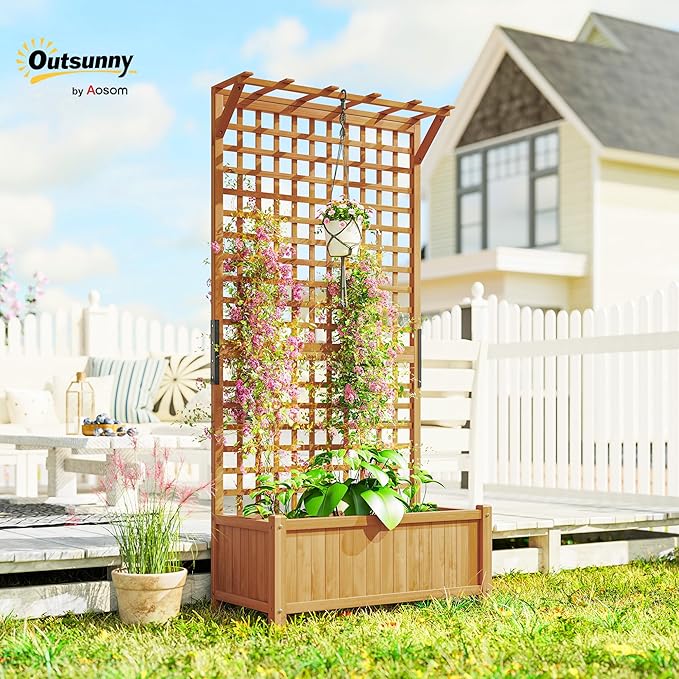 Outsunny Wood Planter with Trellis Raised Garden Bed for Climbing Plants w/Drainage Holes and Roof 35.5 x 17.75 x 72 Yellow