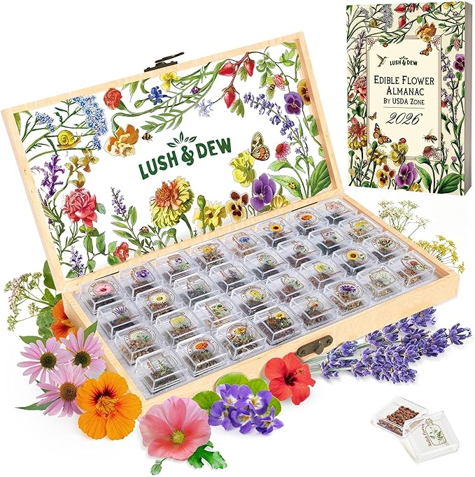 Lush&ampDew Edible Flower Seed Bank with Almanac Gardening Gifts for Women Men 32 Types 30000+ Non-GMO Heirloom Seeds for Planting Culinary Flowers Survival Seed Kit Annual Perennial Zone 3-11