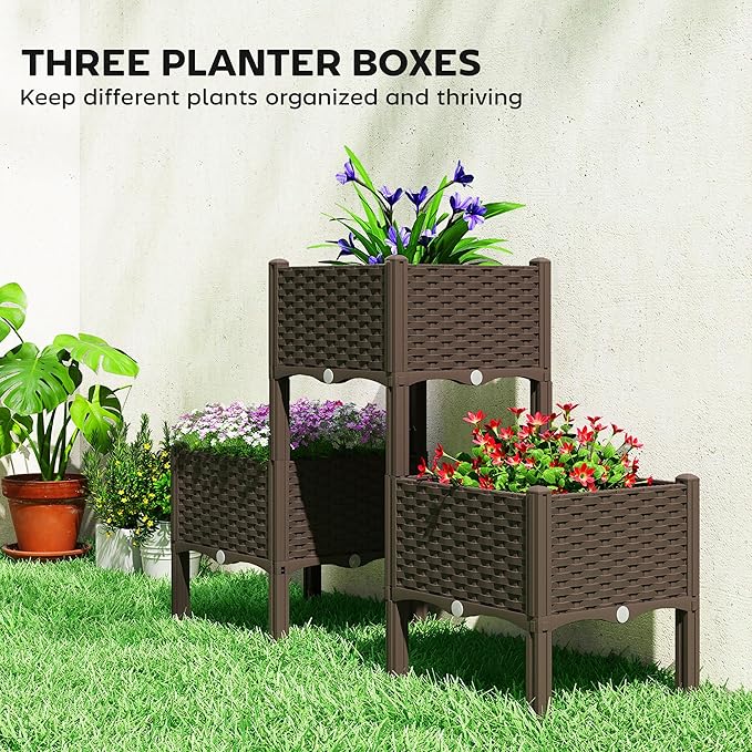 Outsunny Plastic Raised Garden Bed with Legs Self Watering Elevated Planter Boxes with Drainage Holes and Plugs Easy Assembly Outdoor Planter Box for Patio Yard Balcony Vegetables Flowers Herbs