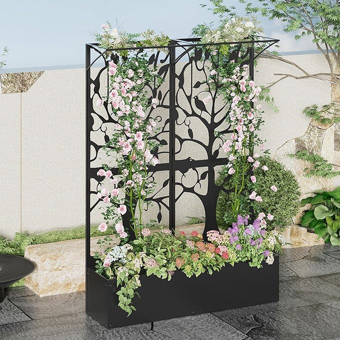 Metal Planter Box with Trellis Set of 2 Outdoor Privacy Planters for Patio Tall Raised Garden Bed for Climbing Plants Vegetables Fruits Balcony Outside 62.4 x 12.2 x 44.6 Inch 2PCS Black