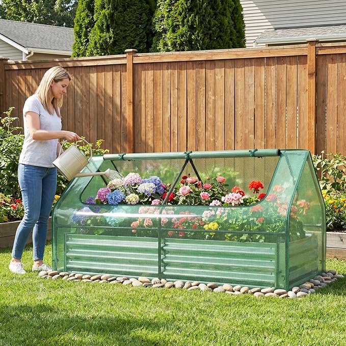 HAPPYGRILL Raised Garden Bed with Cover Outdoor Planter Raised Bed w/2 Large Zipper Mesh Screen Windows Galvanized Metal Planter Box for Gardening Flowers Vegetables (Green &amp Silver)