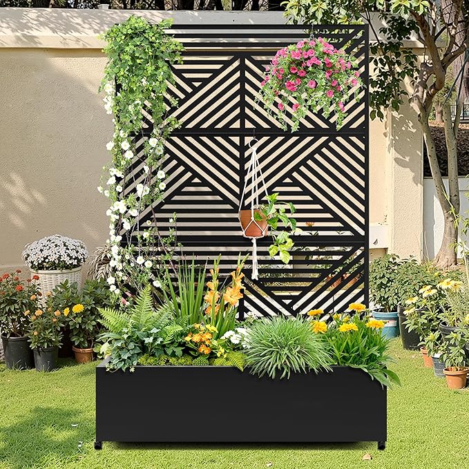 Metal Raised Garden Bed with Trellis 2-in-1 Planter Box &amp Privacy Screen for Climbing Plants Outdoor Standing Flower Bed with Drainage Holes 47.2 L x 16.7 W x 70.8 H Black-Zodiac
