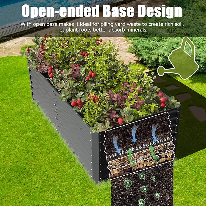 Domi 8×4×2 ft Galvanized Raised Garden Bed Outdoor Planter Garden Boxes Large Metal Planter Box for Gardening Vegetables Fruits Flowers Grey